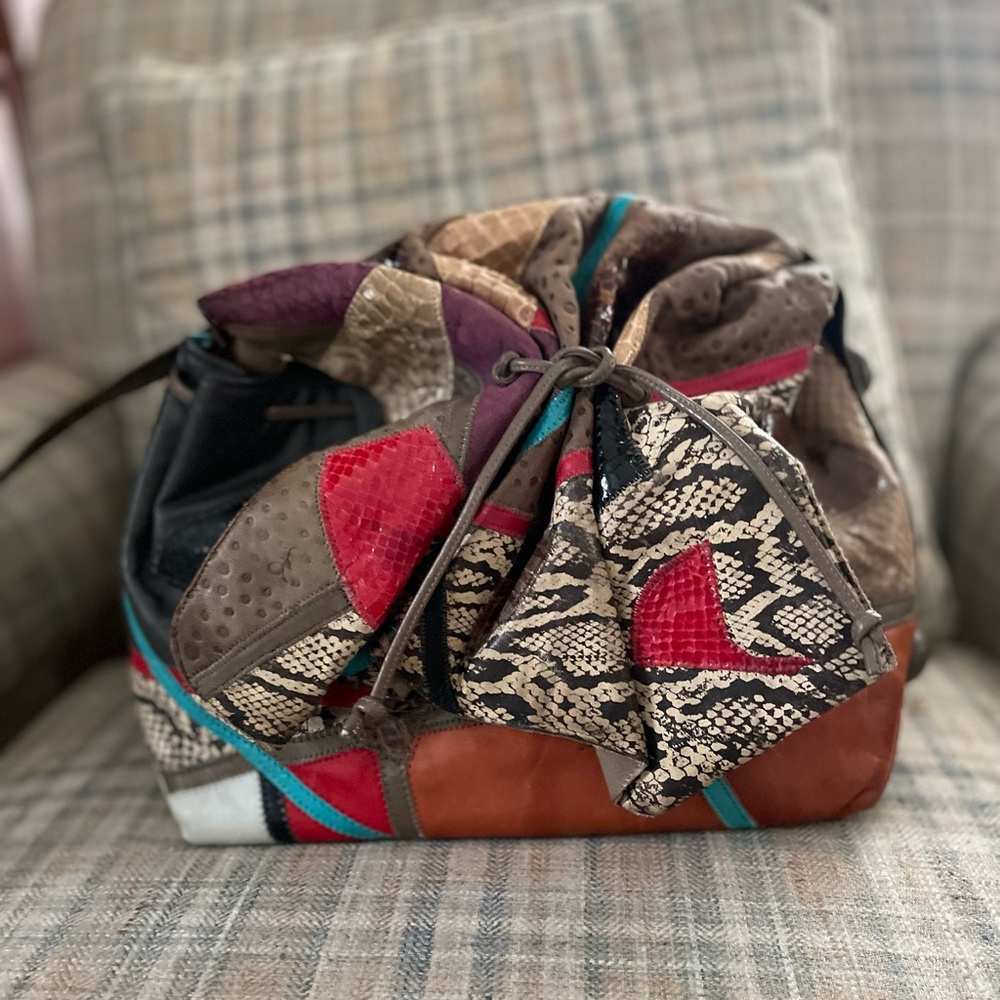 Colorful vintage leather patchwork multi purse bag 80s 1980s unique snakeskin